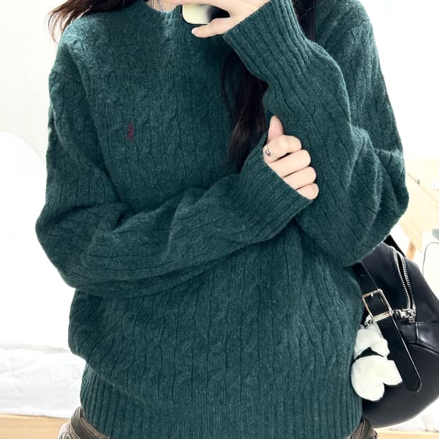 폴로 램스울 딥그린 케이블 니트