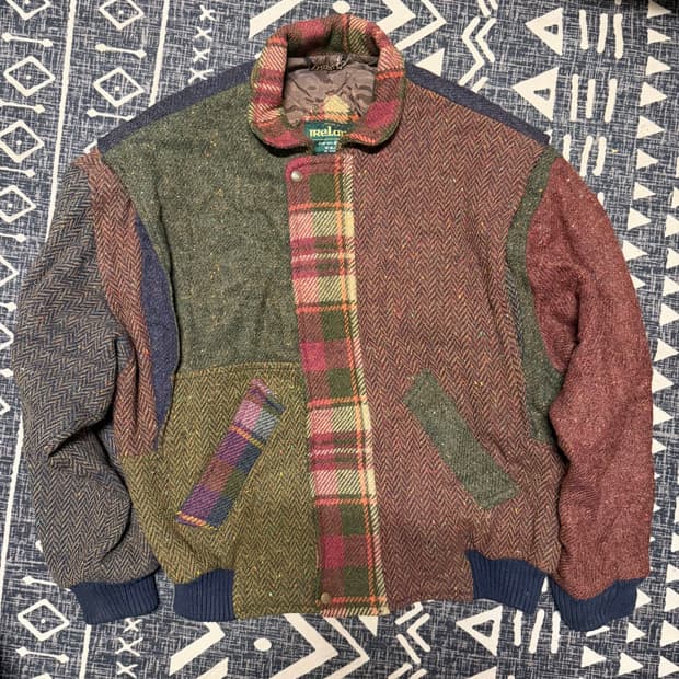 체크 패턴 패치워크 울 봄버 자켓