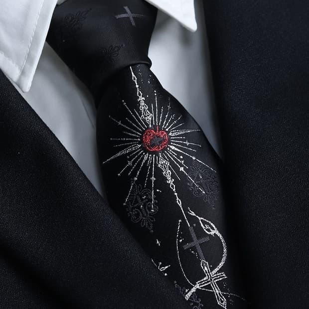 블랙 실버 자수 넥타이