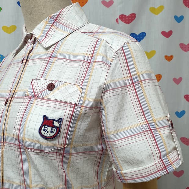 BETTY'S BLUE 롤업 체크패턴 고양이 캣 패치 와펜 자수 셔츠남방