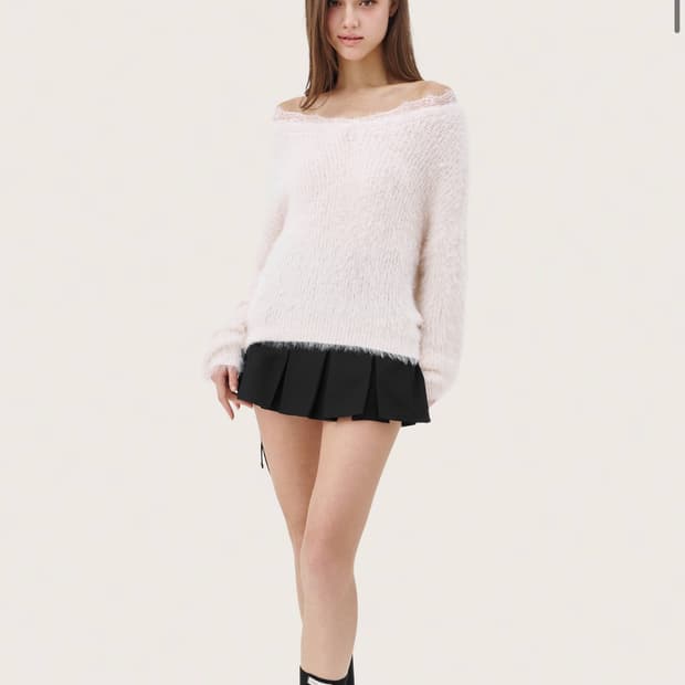 클리시어 블러쉬 레이스 오프숄더 니트 핑크