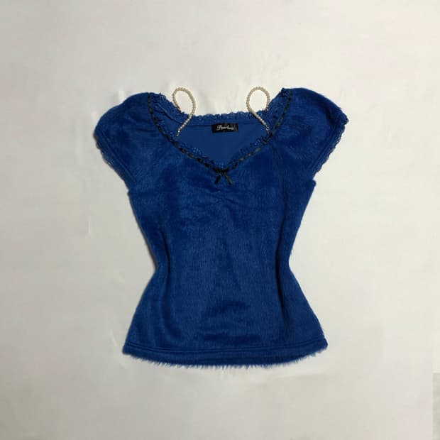 리본 퍼 퍼프 슬리브 탑 블루