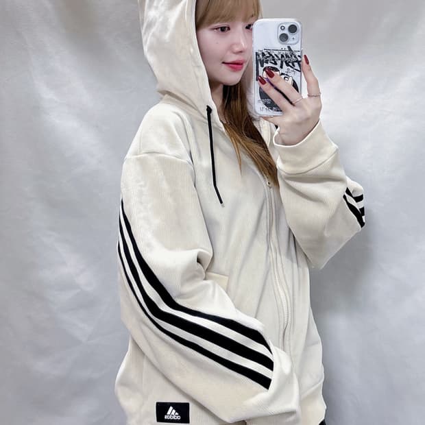 아디다스 코듀료이 아이보리 삼선 후드집업 