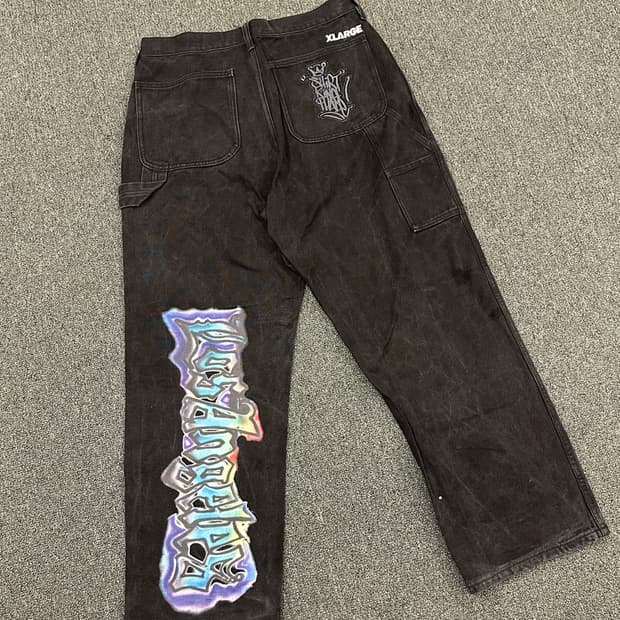 32)XLARGE 빈티지 블랙 그래픽 카펜터 팬츠