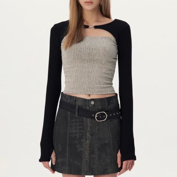 유즈 투톤 롱슬리브 볼레로 컷 아웃 탑 블랙베이지