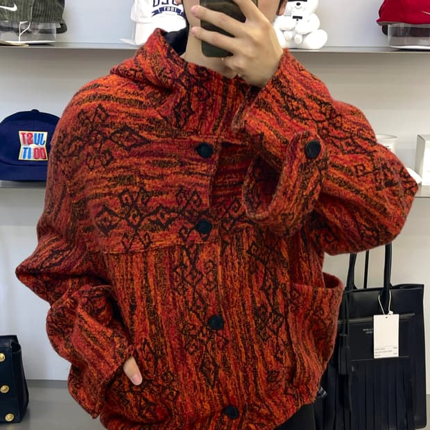 쿠지 90s 에스닉 아즈텍 울 후드 자켓