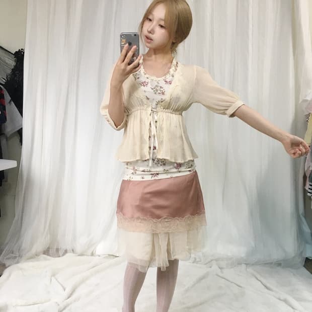 빈티지 핑크 플라워 아이보리 페어리 코디세트