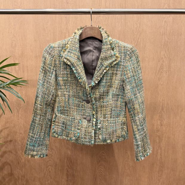 빈티지 트위드 자켓 숄카라 플랩 포켓 프린지 마감 디테일 슬림핏 그린