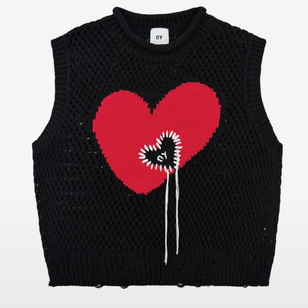 오와이 하트 스티치 니트 베스트 블랙