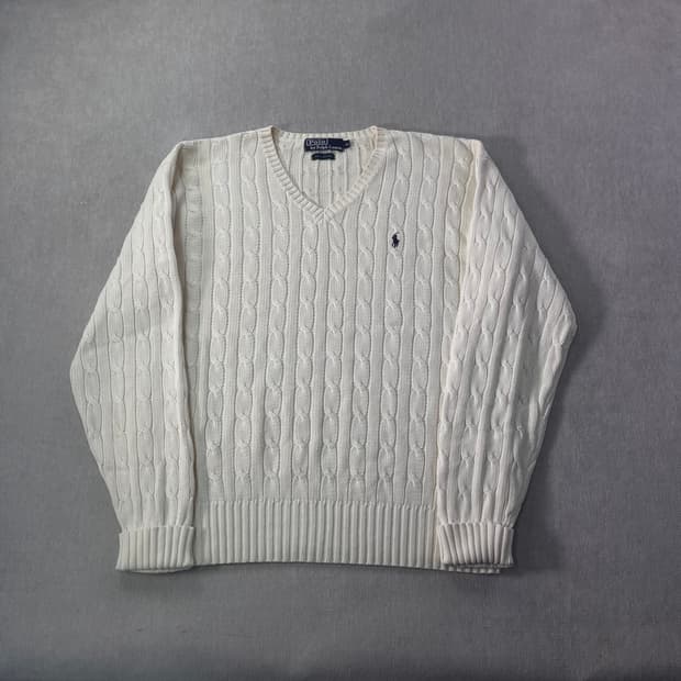100 폴로랄프로렌 꽈배기 화이트 브이넥 니트