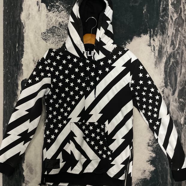 빈티지 성조기 흑백 사이드 지퍼 후드티