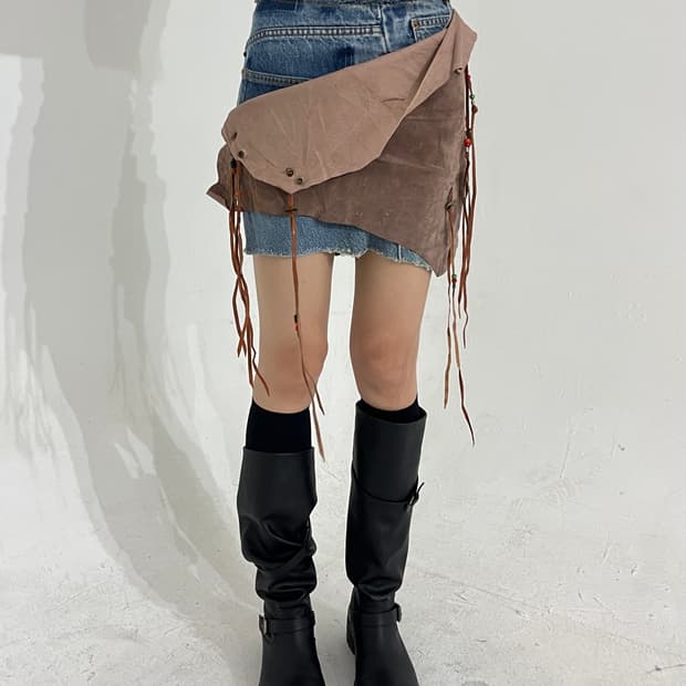 Junglecat leather denim skirt