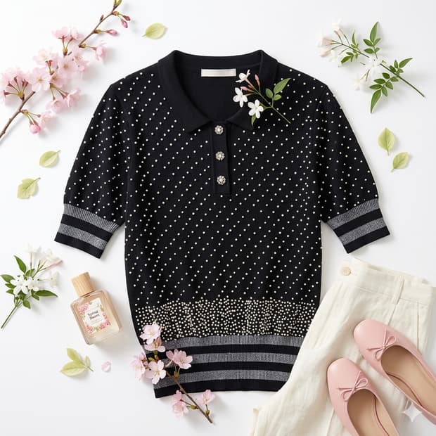 블랙 진주 장식 반팔 여성 니트 55