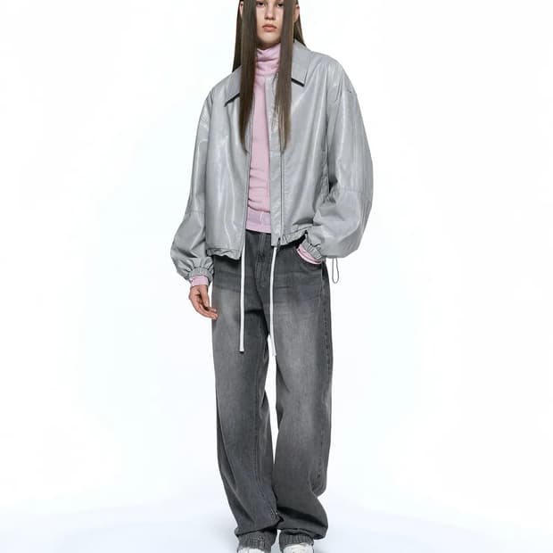 인사일런스우먼 미니멀 비건 레더 오버핏 점퍼 LIGHT GREY