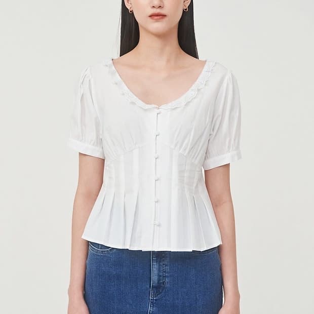 GUESS 게스 레이스 프릴 넥 핀턱 퍼프 소매 화이트 블라우스 S
