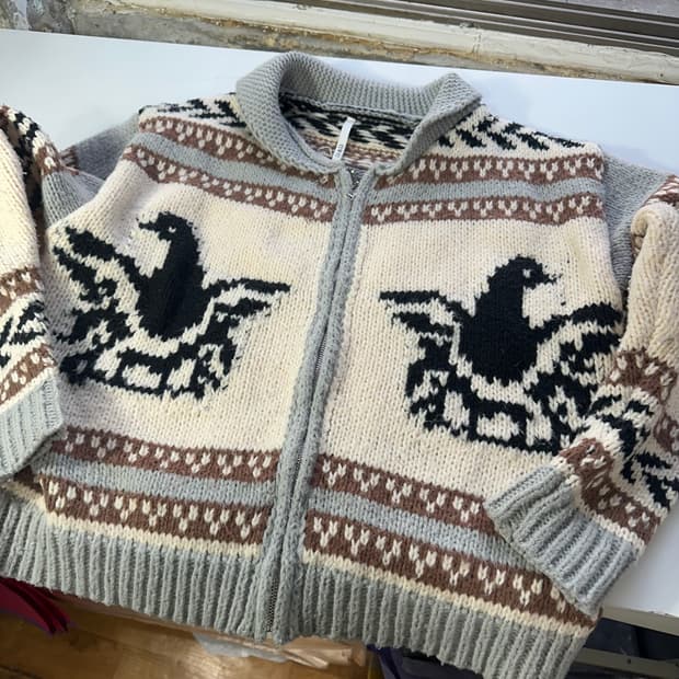 우먼F 빈티지 오버핏 카라넥 헤비울 코위찬 니트집업