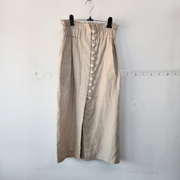 명품 린넨 롱 스커트 진주 단추