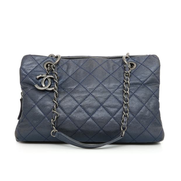 샤넬 캐비어 샤핑백 블루 시크 체인 숄더 보스턴