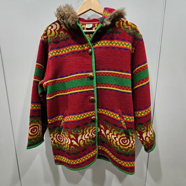 베네통 빈티지 패턴 후드 울재킷