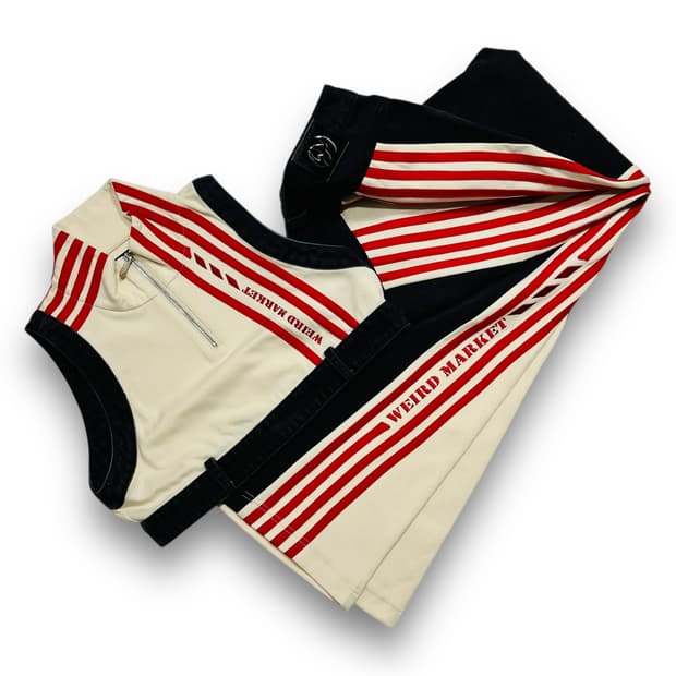위어드 마켓 삼선 로고 y2k 와이드 힙합 흑청 세트