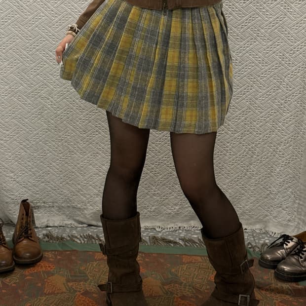빈티지 코지 모리 단추 체크 하이틴 플리츠 마이크로 스커트 K0139