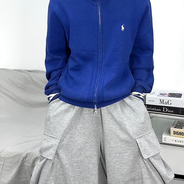 폴로 랄프로렌 블루 화이트 포니 니트 집업 XL