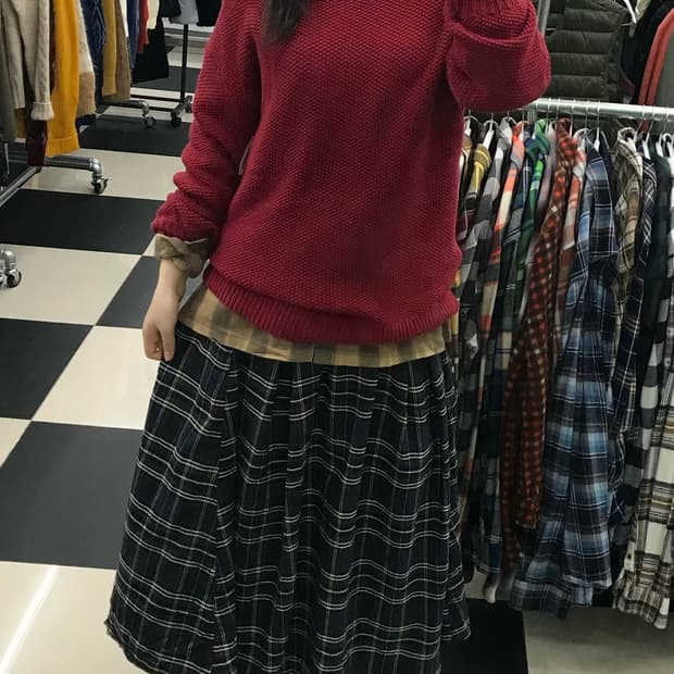 빈티지무드 버건디 니트 +체크스커트+체크셔츠 코디세트