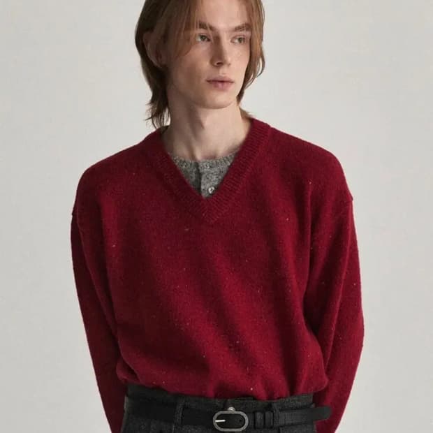 2 웨이비니스 헨리오버 브이넥 니트 레드 그레이