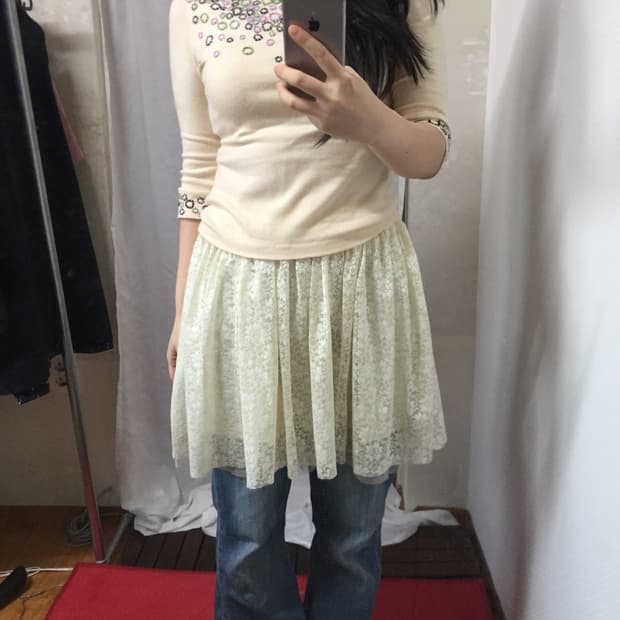 빈티지 플라워 자수 탑 7부티