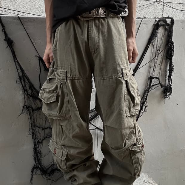 *Rare* 00s Y2K 카키 멀티포켓 와이드 카고팬츠