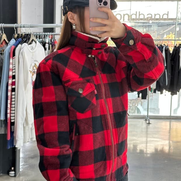 리바이스 타탄체크 하이넥 포켓 울 쉐르파자켓