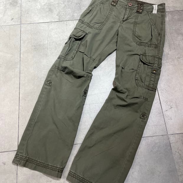 일본 빈티지 카키 세미 부츠컷 카고 팬츠
