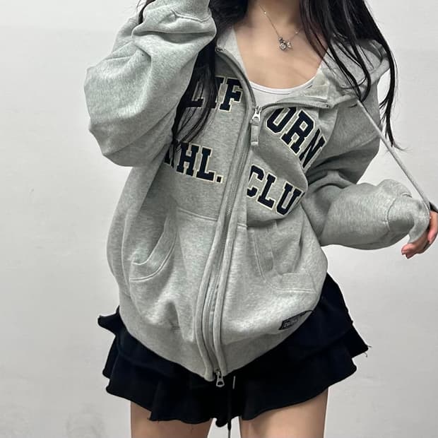 후아유 y2k 그레이 러블리힙 후드집업(M)