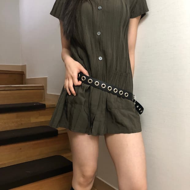 빈티지 카키 플리츠 미니 원피스