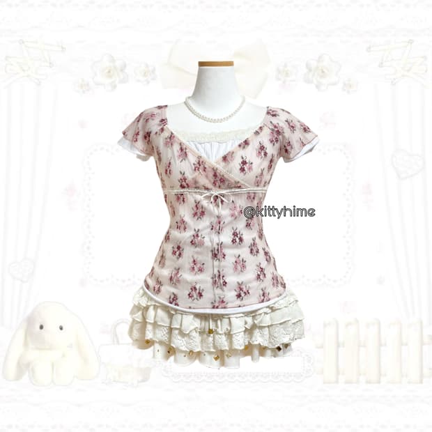 잔꽃 페어리 러블리 반팔 잔꽃 탑 잔꽃 레이어드 반팔