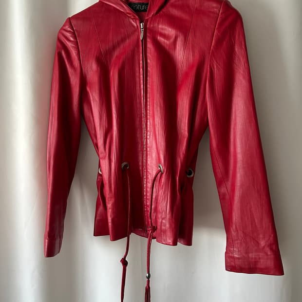 레드 리얼 레더 후드 자켓