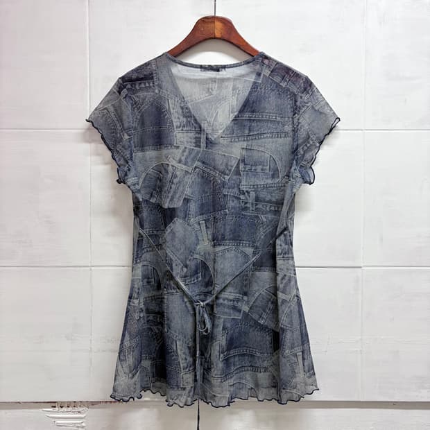 FUKU 시스루 데님패턴 Y2K 리본 탑 블라우스 JPN
