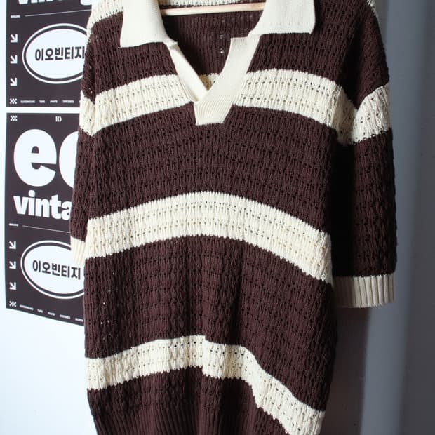 (L-XL) 에잇세컨즈 반팔 카라 티셔츠 니트 스트라이프-H3H33726