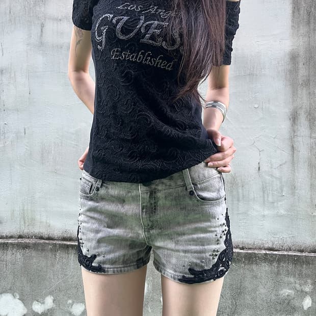 Gothic Lace Trim Washed Denim Shorts