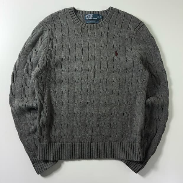 Polo  폴로 랄프로렌 자수 코튼 다크그레이 꽈배기 니트 