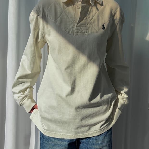 [M]폴로 랄프로렌 숄더 엘보 패치 크림 럭비 티셔츠