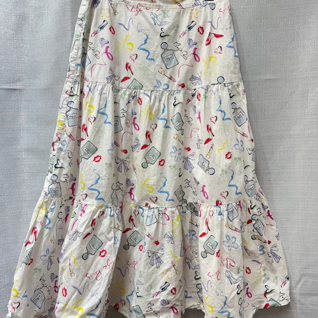 마쥬 향수/립스틱 프린팅 패턴 티어드 빈티지 롱 스커트 27~28