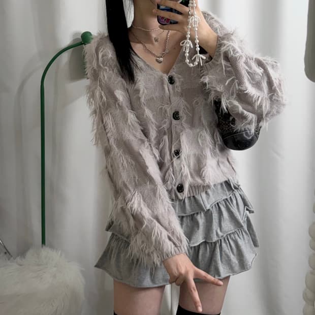 그레이 퍼 체크 브이넥 가디건