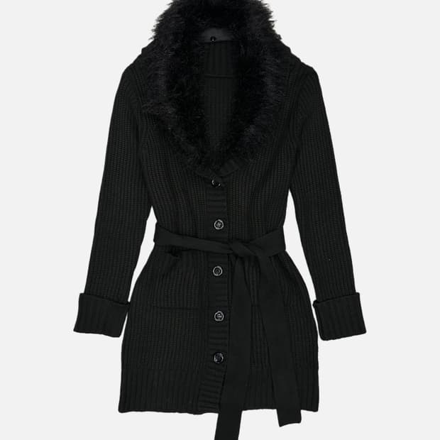 black fur belted knit coat