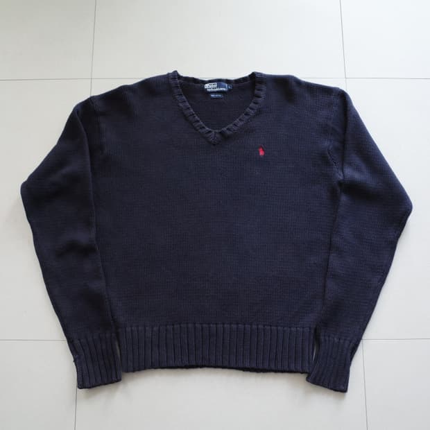90s 폴로 랄프로렌 네이비 브이넥 코튼 니트 L