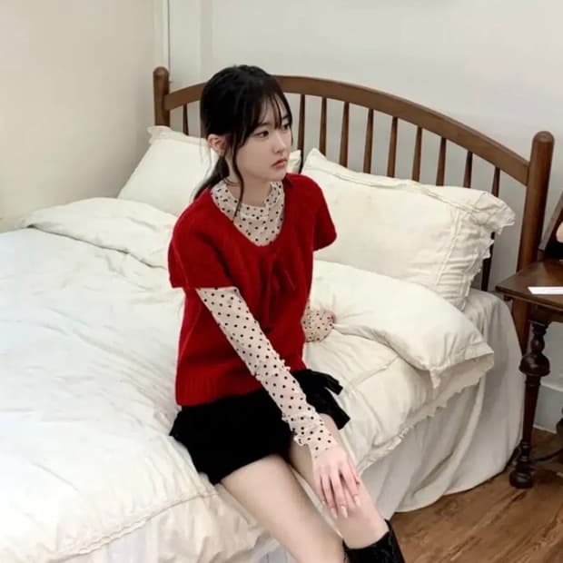 에이블리 폼나다 리본 니트 레이어드 반팔티셔츠 지그재그모리걸빈티지무신사