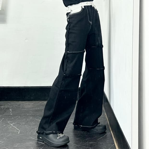 DD Blue 데미지 투톤 와이드 데님 팬츠