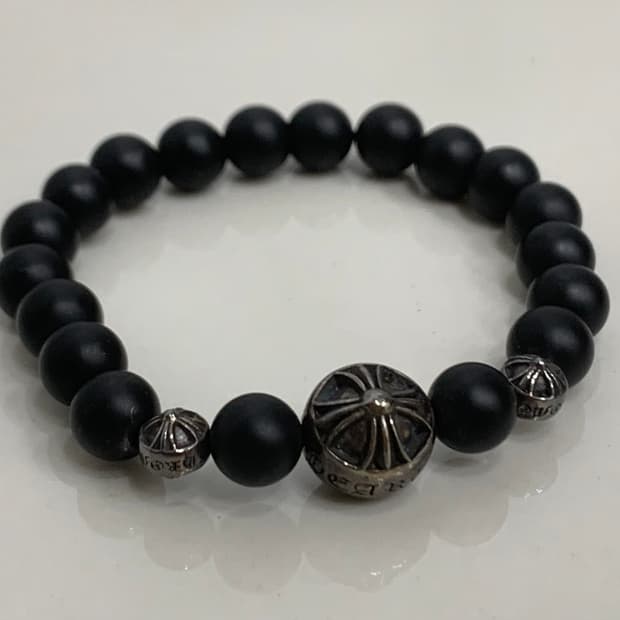 [8mm]크롬하츠 3볼 비즈 팔찌 블랙 실버