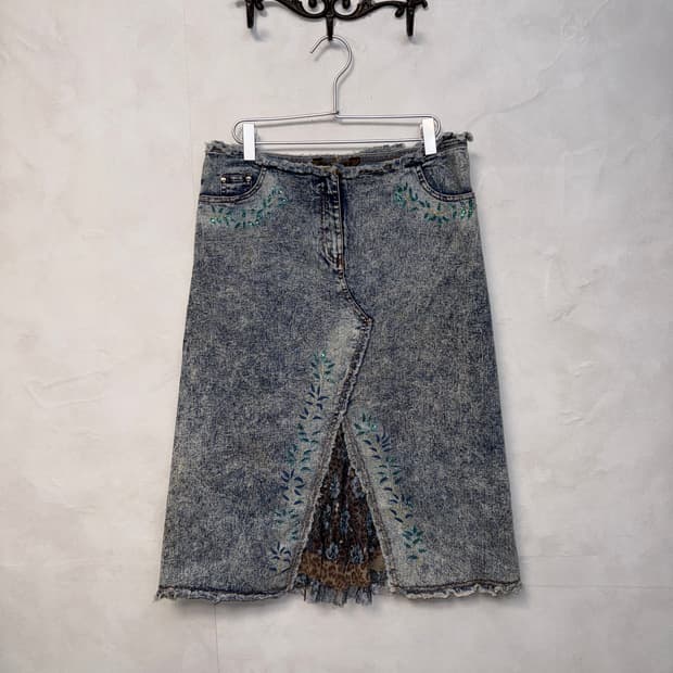 Washing denim fairy leopard lace skirt