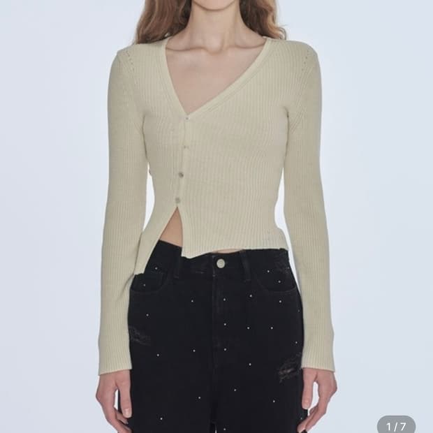 다이애그널 언밸런스 브이 리브드 가디건